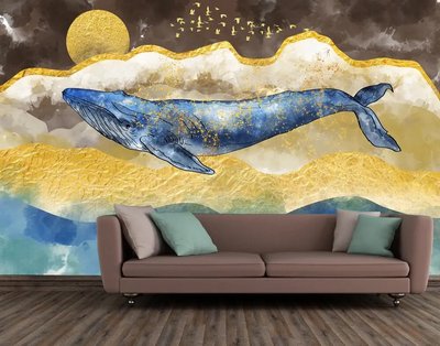 Синий кит на абстрактном фоне с золотой фольгой Ris1423 фото