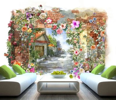 Кирпичная стена, заросшая цветами и улица в перспективе Ske1223 фото