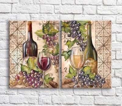 Картина Красное и белое вино, виноград маслом на фоне узоров, диптих Eda8723 фото