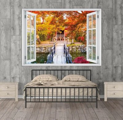 Autocolant de perete, fereastră 3D cu vedere la o casă în pădure W109 фото