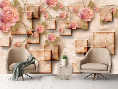 Некрупные розовые розы на 3Д фоне с каплями 3D5424 фото