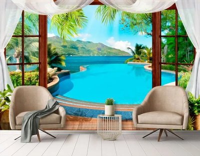 Fototapet piscină și palmieri de la fereastră Vid1724 фото