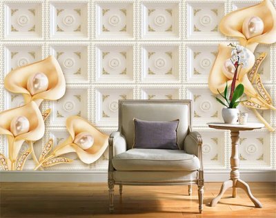 Фотообои Золотые калы с жемчугом на фоне плитки в классическом стиле 3D4624 фото