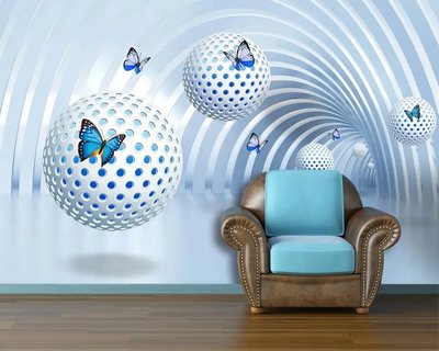 Фотообои Белые сферы с бабочками, исчезающие в пространстве тоннеля 3D4724 фото