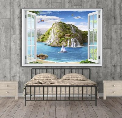 Наклейка на стену, Окно с видом на прекрасный водопад W158 фото