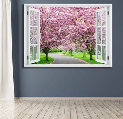 Наклейка на стену, Окно с видом на цветущий парк W108 фото
