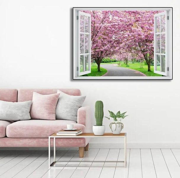 Наклейка на стену, Окно с видом на цветущий парк W108 фото