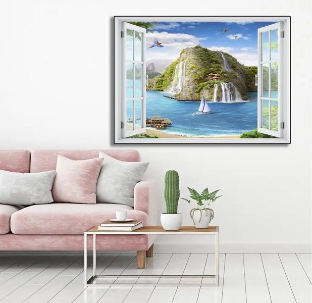 Наклейка на стену, Окно с видом на прекрасный водопад W158 фото