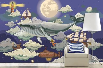 Balenă, far și corăbii în nori, albastru Fot125 фото