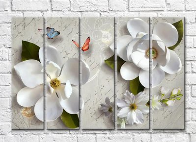 Крупные белые цветы магнолии и бабочки на винтажном фоне 3D5475 фото