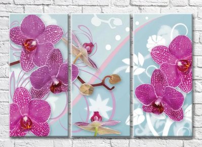 Триптих Фиолетовая орхидея и бутоны на голубом фоне 3D7825 фото