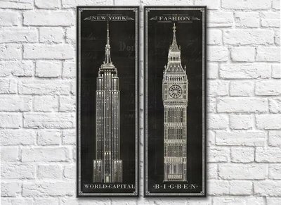 Dipticul Big Ben și Empire State Building pe fundal negru Ret8125 фото