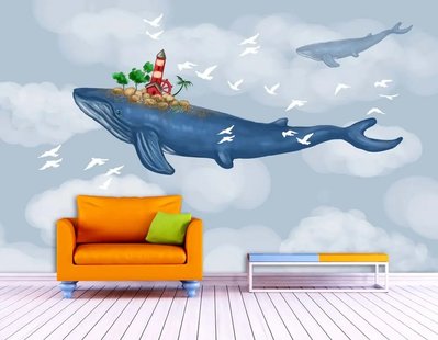 Синие киты и белые птицы на абстрактном фоне неба Ris1425 фото