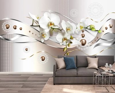 Ветка белой орхидеи и абстрактные линии на светлом фоне TSv325 фото