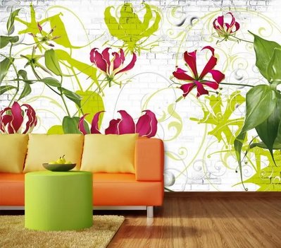 дизайнерские Фотообои Разноцветные растения на кирпичной стене Flo1725 фото