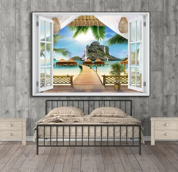 Наклейка на стену, 3D-окно с видом на гавайский пляж W157 фото