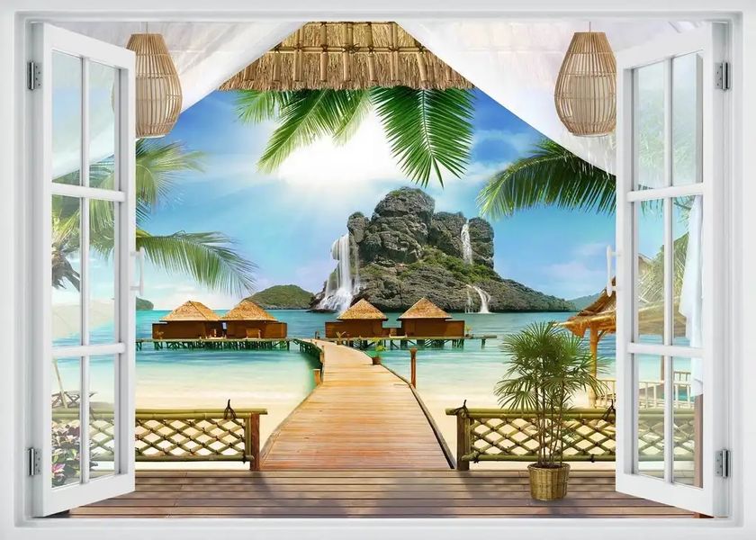Наклейка на стену, 3D-окно с видом на гавайский пляж W157 фото