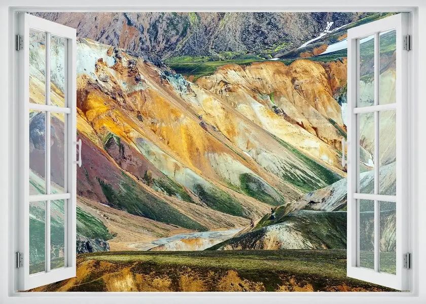 Наклейка на стену, 3D-окно с видом на горный пейзаж W107 фото