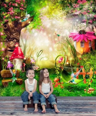 Фотообои Сказочный лес в цветах и феях на фоне девевьев Ska5126 фото