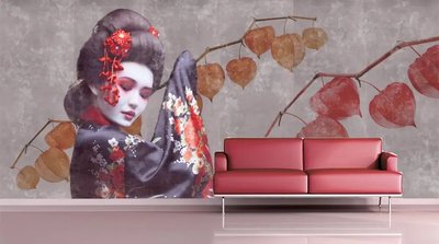 Geisha și ramuri de plante pe un fundal gri Vos376 фото