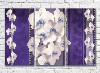 Триптих Белые орхидеи на сиреневом фоне с узорами 3D7826 фото