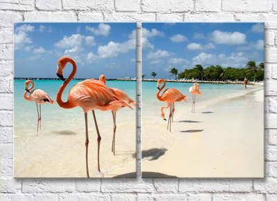 Diptic Stol de flamingi roz pe o plajă tropicală ZHi9676 фото