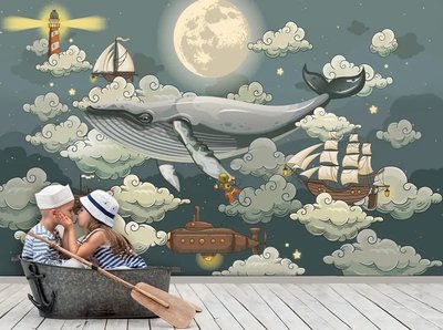 Balenă, far și corăbii în nori, verde Fot126 фото