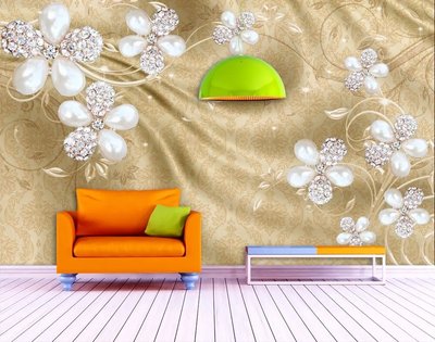 3Д фотообои, белые цветы с камнями на золотом фоне от 320 MDL онлайн в Кишиневе 3D3826 фото