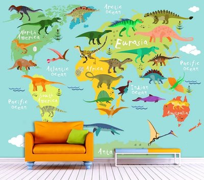 Яркая детская карта мира с разноцветными континентами и динозаврами Det1026 фото