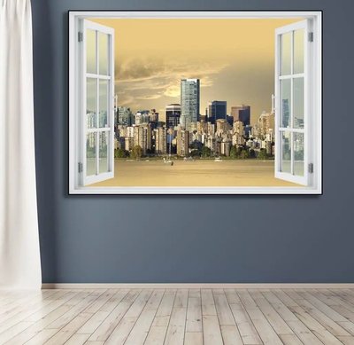 Наклейка на стену, Окно с видом на город на воде W206 фото