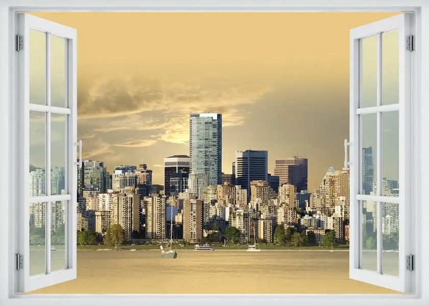 Наклейка на стену, Окно с видом на город на воде W206 фото