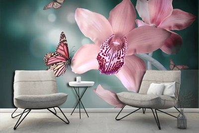 Фотообои Бабочки и розовые орхидеи на зеленом фоне TSv4377 фото