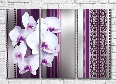 Триптих Белая орхидея на фиолетовом фоне с черными узорами 3D7827 фото