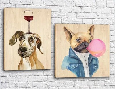 Диптих Две модные собаки с бокалом и жевачкой Ret8127 фото