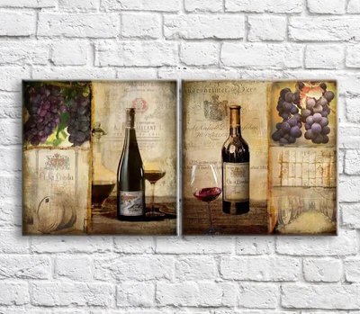 Tablou Sticla de vin, butoaie si struguri in stil vintage, diptic Eda9127 фото