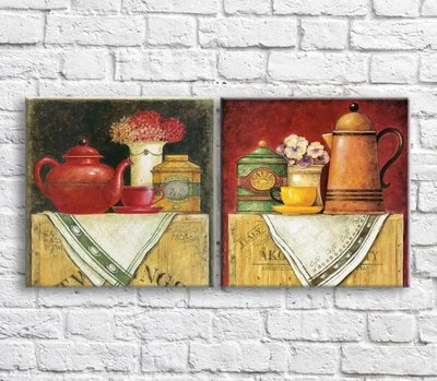 Картина Красный и желтый чайник на фоне цветов, диптих Eda8677 фото