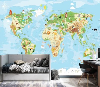 Животные на континентах карты мира на голубом фоне Fot477 фото
