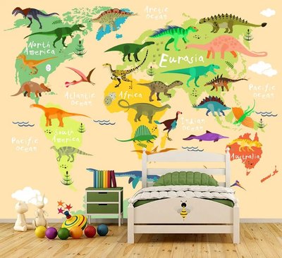 Яркая детская карта мира с разноцветными динозаврами Det1027 фото