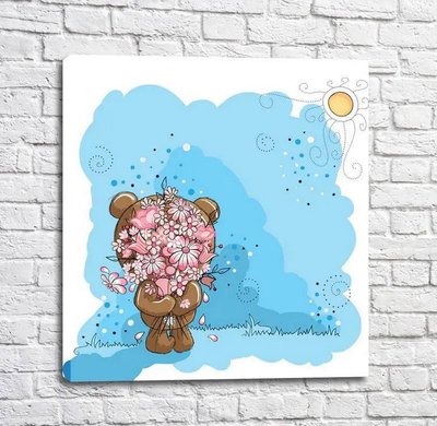 Постер Розовый мишка Тедди с цветами на голубом фоне Mul16547 фото