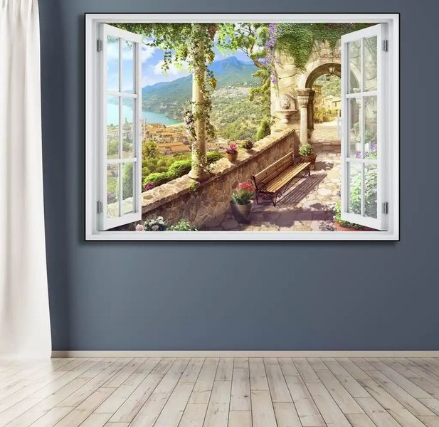 Наклейка на стену, 3D-окно с видом на мост, ведущий в прекрасный город W155 фото