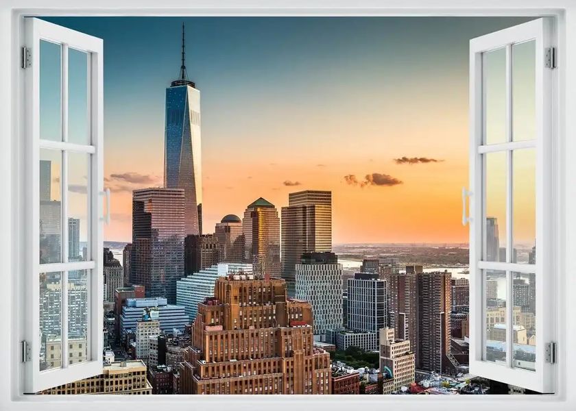 Наклейка на стену, 3D-окно с видом на огромные здания W205 фото