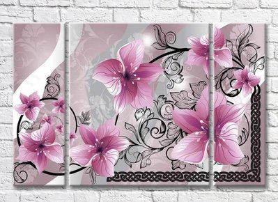 Triptic Flori roz pe o ramură neagră din modele 3D7792 фото