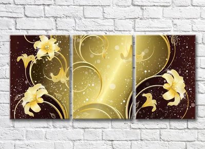Триптих Золотые лилии и узоры на бордовом фоне 3D7742 фото