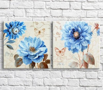 Картина Голубые цветы и бабочки маслом на бежевом фоне, винтаж, диптих TSv10392 фото