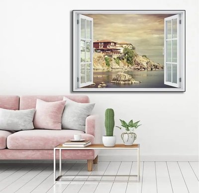 Наклейка на стену, 3D-окно с видом на скалы у моря W190 фото