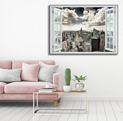 Наклейка на стену, Окно с видом на переполненный город W90 фото