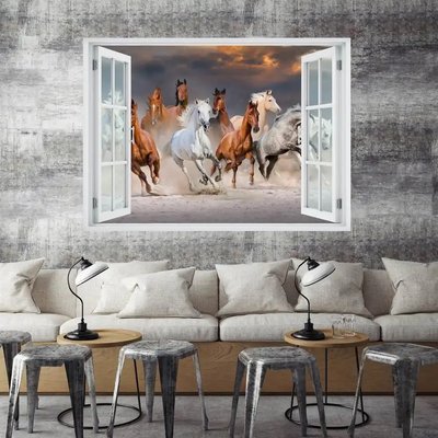 Наклейка на стену, 3D-окно с видом на скачущие лошади W40 фото