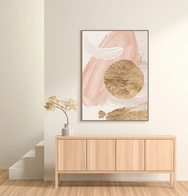 Пастельно розовая с золотистым кругом абстракция Abs14629 фото