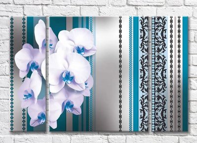 Триптих Белая орхидея на голубом фоне с черными узорами 3D7828 фото