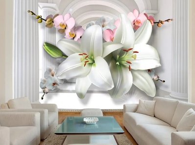 Flori 3D pe fundalul colonadei într-un stil clasic 3D878 фото